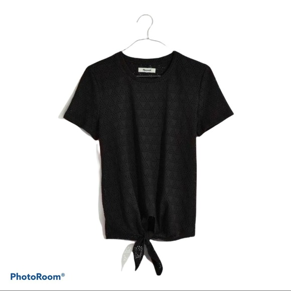 Madewell Black Modern Tie-Front Tee in Geo-Eyelet size Medium - Picture 3 of 11